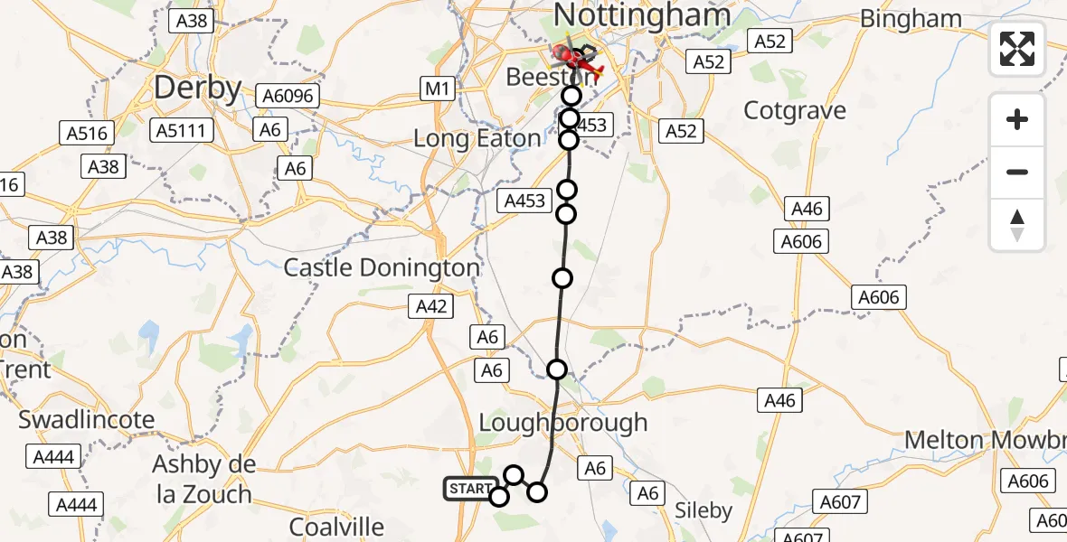 Flight route Air Ambulance Helicopter Shepshed - City of Nottingham, 30 July 2026, 16:27
