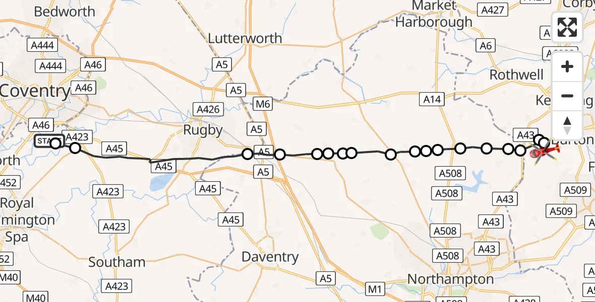 Flight route Air Ambulance Helicopter Coventry Airport - Orlingbury, 30 July 2026, 16:37