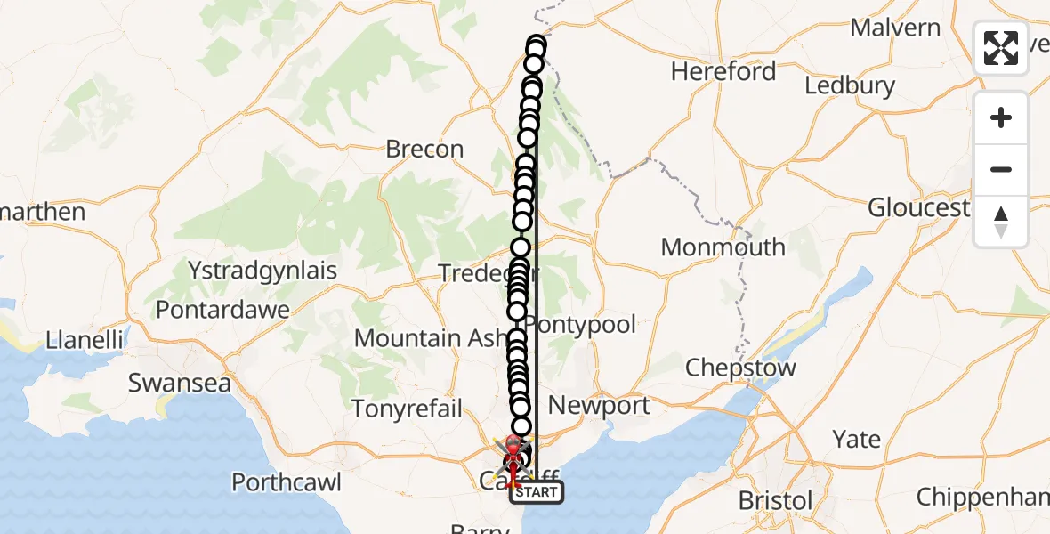 Flight route Air Ambulance Helicopter Cardiff Heliport - Gabalfa, 30 July 2026, 16:38