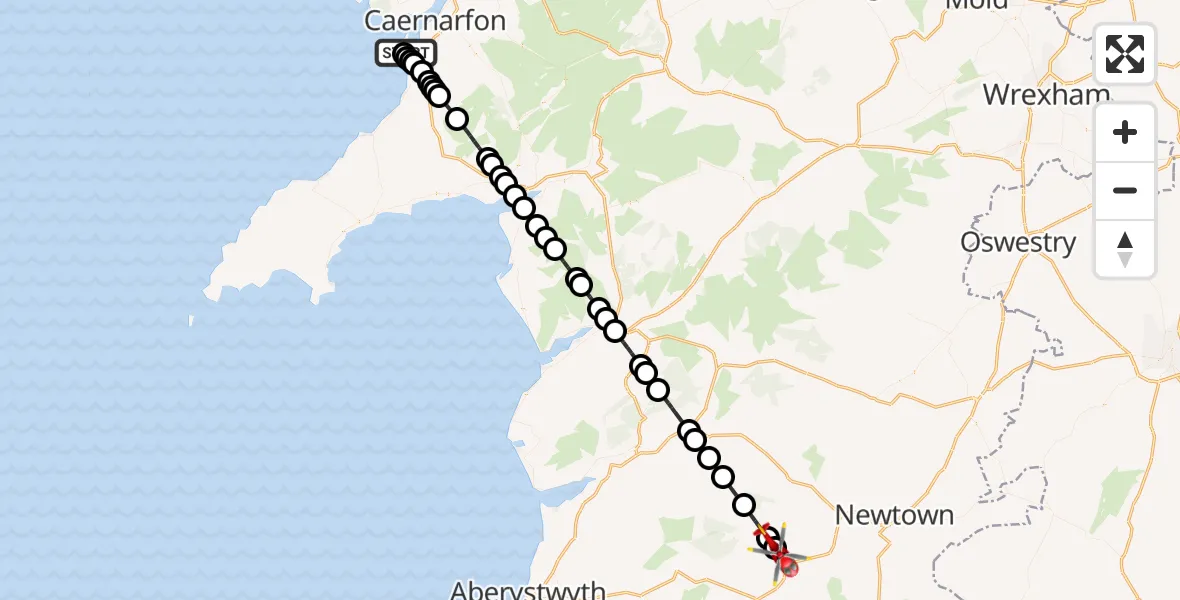 Flight route Air Ambulance Helicopter Caernarfon Airport - Llanidloes, 30 July 2026, 16:42