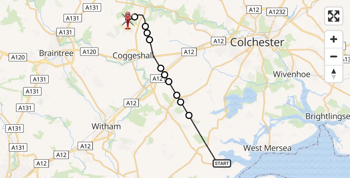 Flight route Air Ambulance Helicopter Maldon - Earls Colne Airfield, 30 July 2026, 16:43
