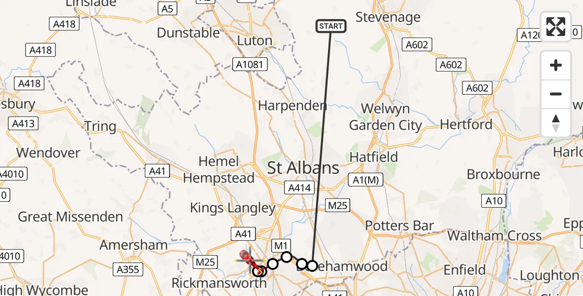 Flight route Air Ambulance Helicopter King's Walden - Watford, 30 July 2026, 16:47