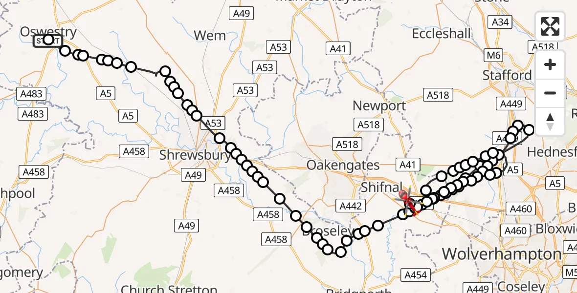 Flight route Air Ambulance Helicopter Oswestry - Cosford, 30 July 2026, 16:54