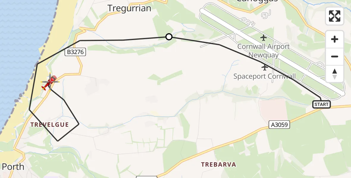 Flight route Air Ambulance Helicopter Cornwall Airport Newquay - Newquay, 30 July 2026, 17:10