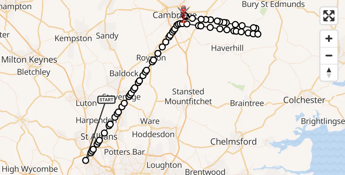 Flight route Air Ambulance Helicopter King's Walden - Cambridge City Airport, 30 July 2026, 17:12