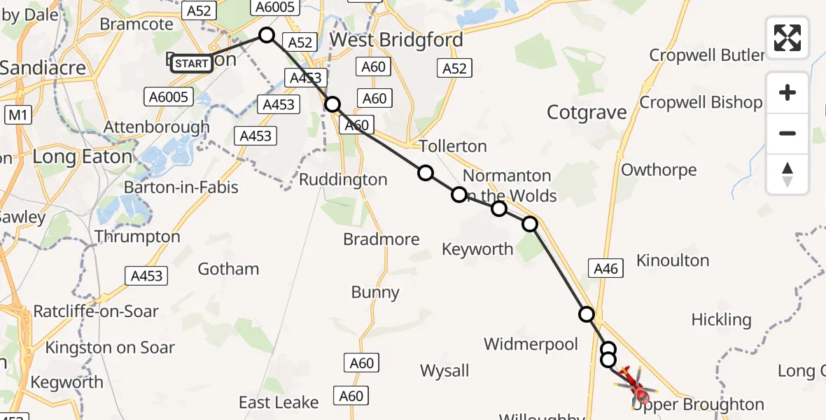 Flight route Air Ambulance Helicopter Beeston - Rushcliffe, 30 July 2026, 17:15