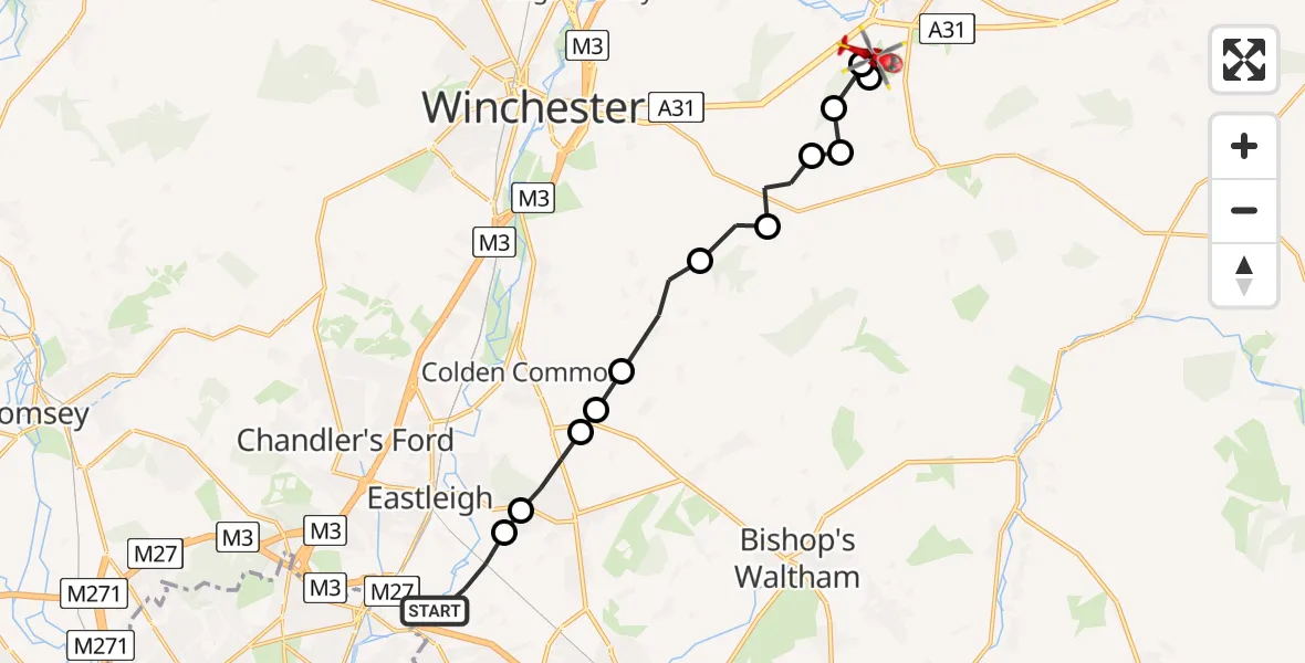 Flight route Air Ambulance Helicopter Eastleigh - Winchester, 30 July 2026, 17:17