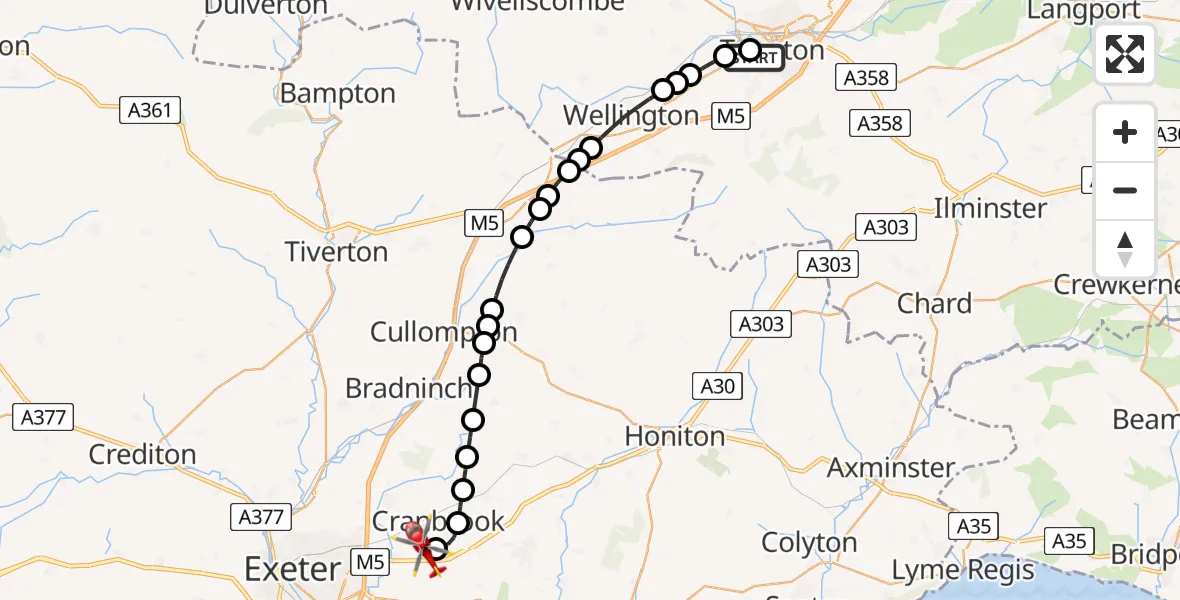 Flight route Air Ambulance Helicopter Musgrove Hospital - Exeter International Airport, 30 July 2026, 17:17