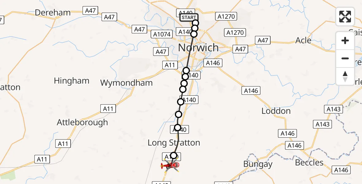 Flight route Air Ambulance Helicopter Norwich Airport - South Norfolk, 30 July 2026, 17:20