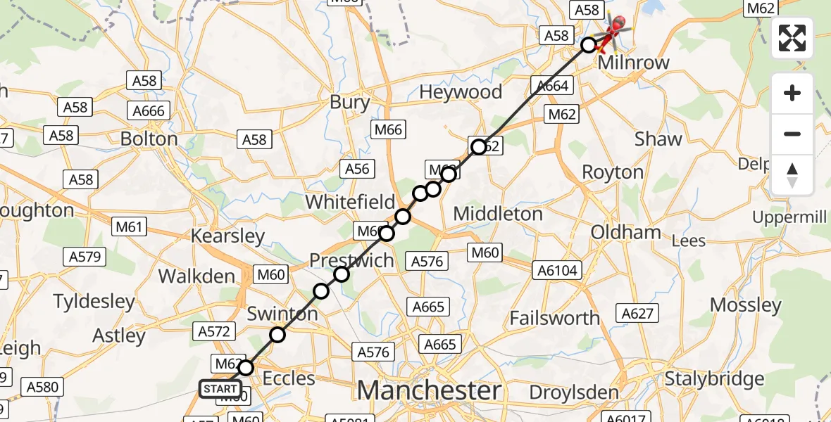 Flight route Air Ambulance Helicopter Worsley - Milnrow, 30 July 2026, 17:23