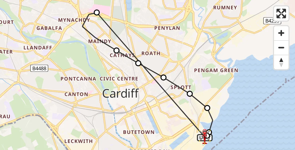 Flight route Air Ambulance Helicopter Cardiff Heliport - Cardiff Heliport, 30 July 2026, 17:25