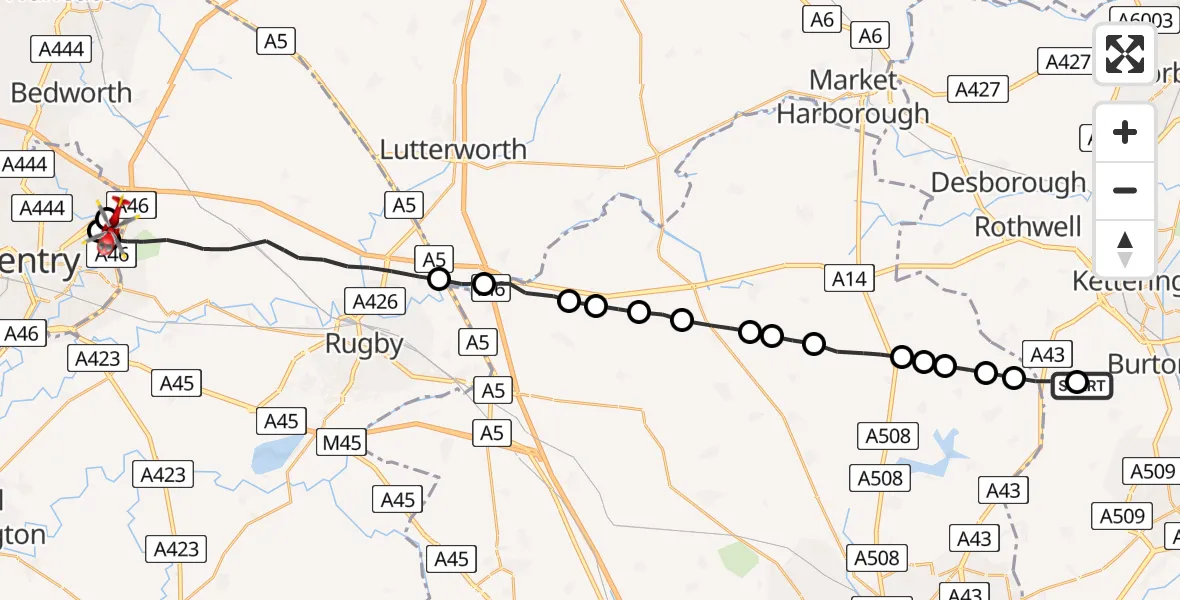 Flight route Air Ambulance Helicopter Orlingbury - University Hospital Coventry, 30 July 2026, 17:26