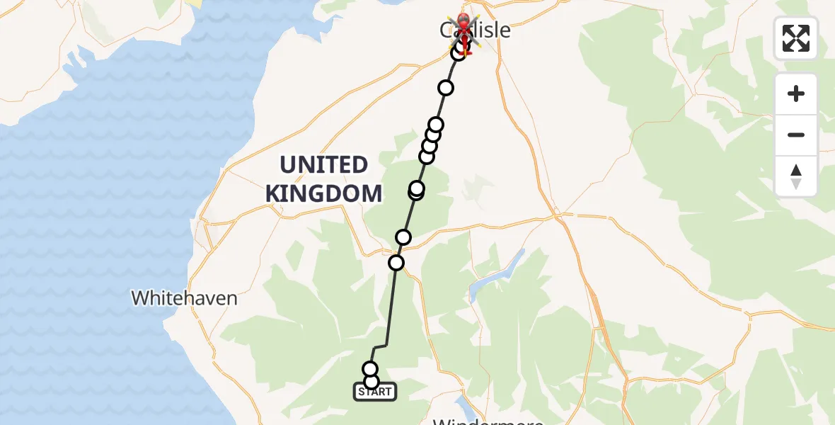 Flight route Air Ambulance Helicopter Lakes - Carlisle, 30 July 2026, 17:43