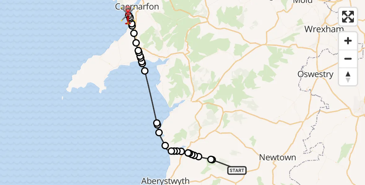 Flight route Air Ambulance Helicopter Llanidloes Without - Caernarfon Airport, 30 July 2026, 17:48