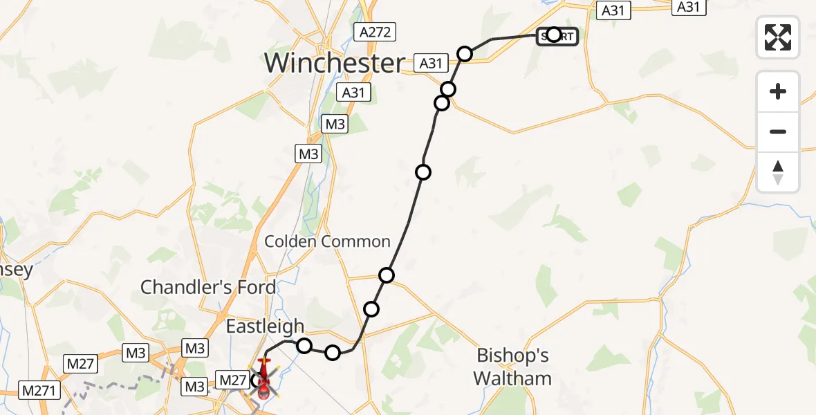 Flight route Air Ambulance Helicopter Tichborne - Southampton Airport, 30 July 2026, 17:54