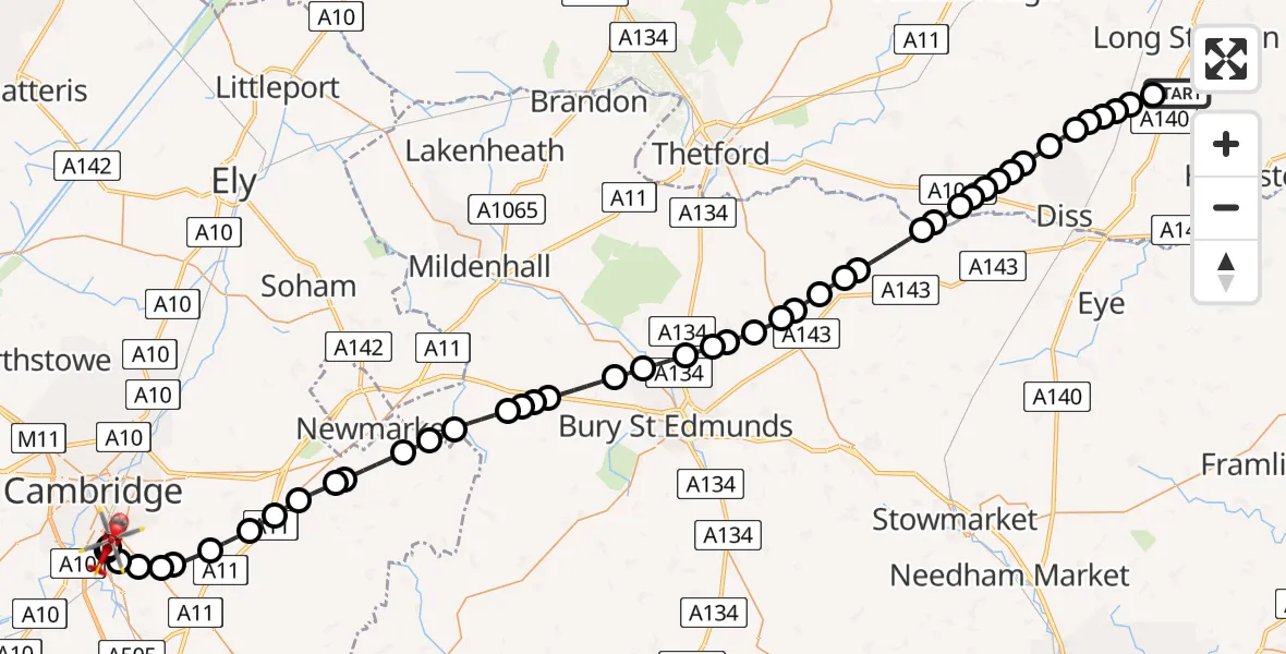 Flight route Air Ambulance Helicopter South Norfolk - Addenbrooke's Hospital Helipad, 30 July 2026, 18:05