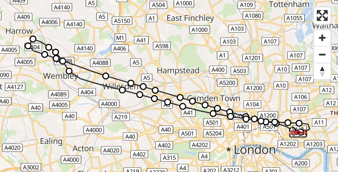 Flight route Air Ambulance Helicopter Royal London Hospital - Royal London Hospital, 30 July 2026, 18:10