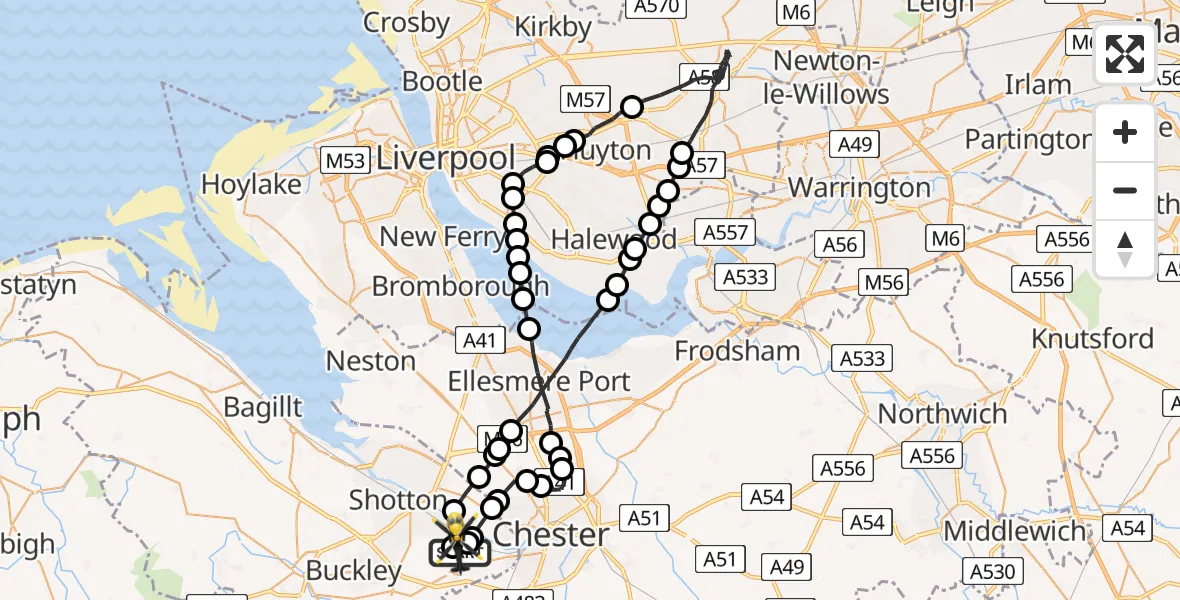 Flight route Police Helicopter Hawarden Airport - Broughton and Bretton, 30 July 2026, 18:13