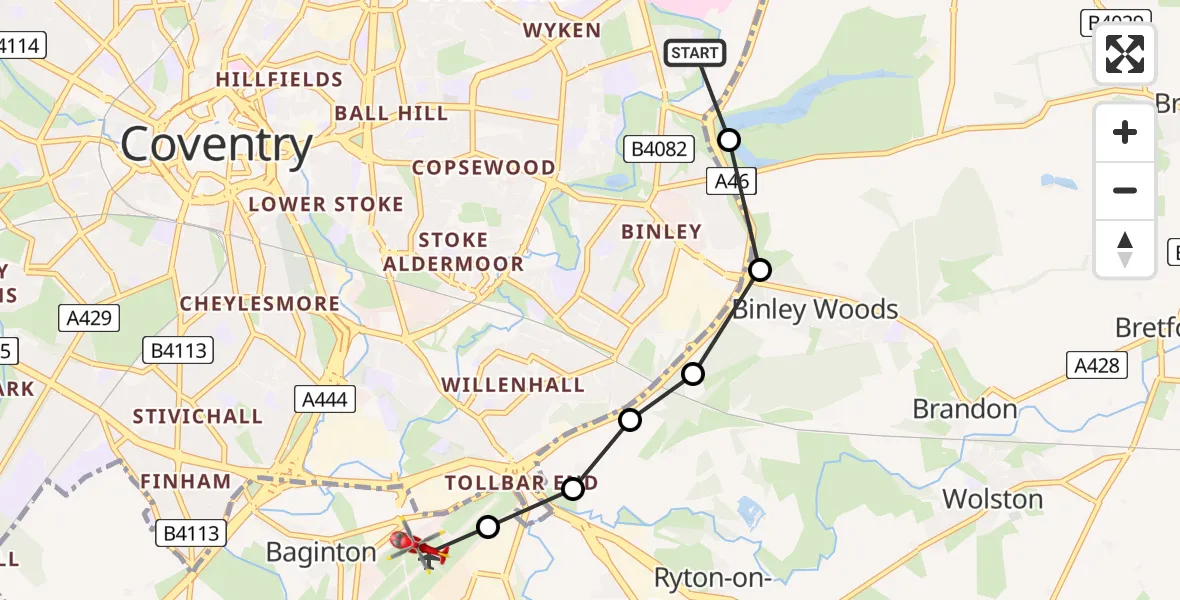 Flight route Air Ambulance Helicopter Clifford Park - Coventry Airport, 30 July 2026, 18:18