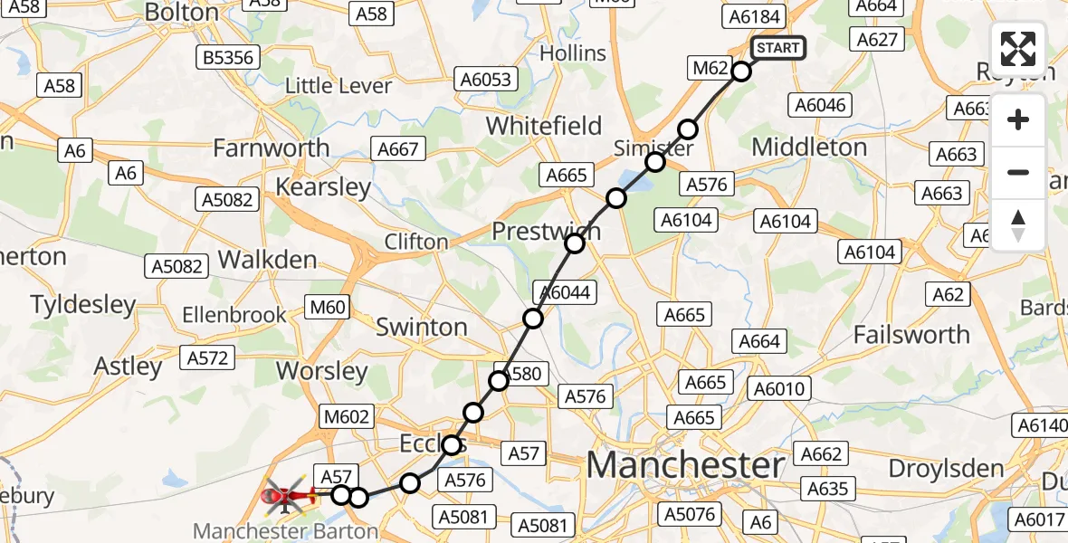 Flight route Air Ambulance Helicopter Rochdale - Manchester Barton Aerodrome, 30 July 2026, 18:33