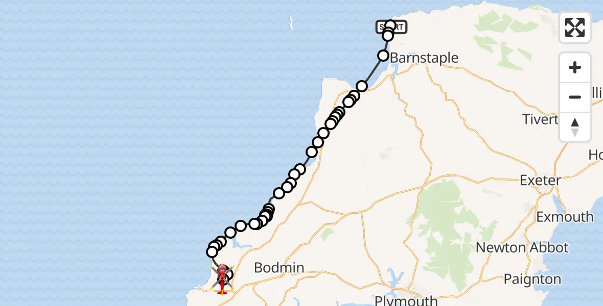 Flight route Air Ambulance Helicopter Woolacombe - Cornwall Airport Newquay, 30 July 2026, 18:34