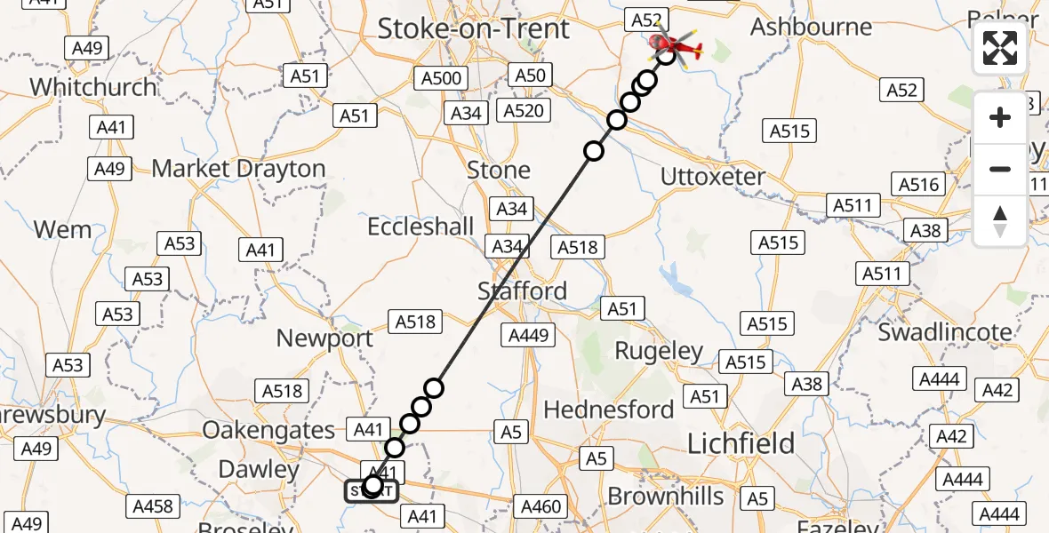 Flight route Air Ambulance Helicopter RAF Cosford - Oakamoor, 30 July 2026, 18:55