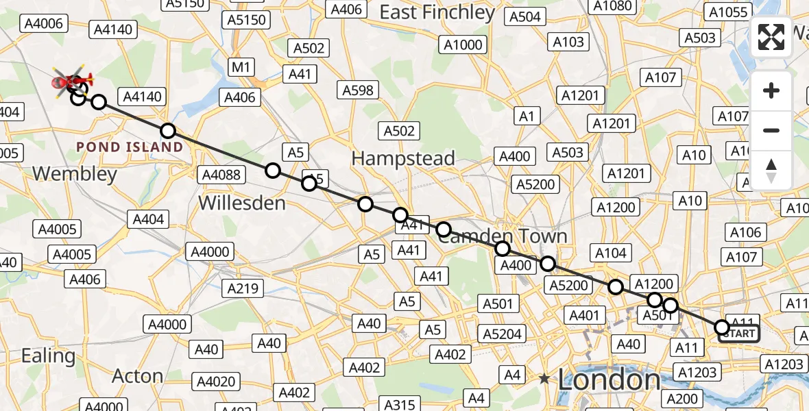 Flight route Air Ambulance Helicopter Royal London Hospital - Preston, 30 July 2026, 19:01