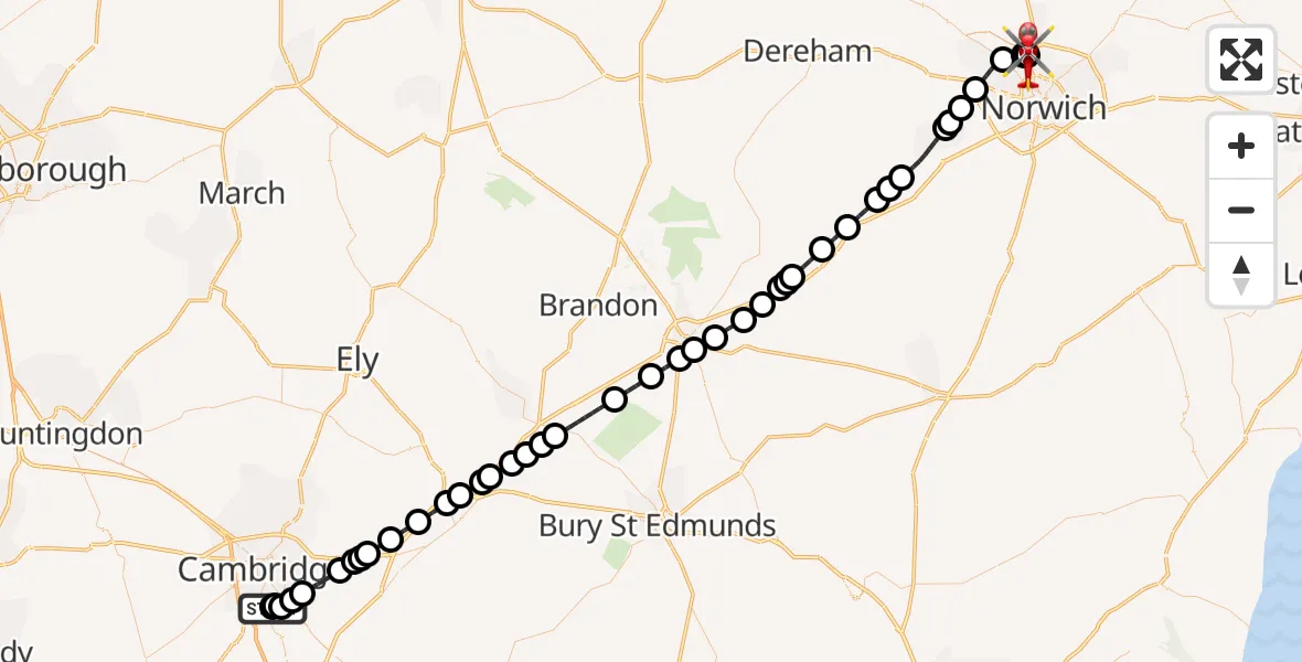 Flight route Air Ambulance Helicopter Papworth Hospital - Norwich Airport, 30 July 2026, 19:15
