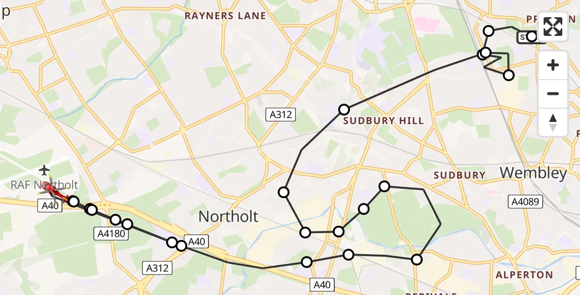 Flight route Air Ambulance Helicopter Preston - RAF Northolt, 30 July 2026, 19:25