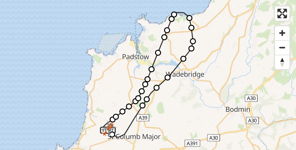 Flight route Coastguard Helicopter Cornwall Airport Newquay - Cornwall Airport Newquay, 30 July 2026, 19:28