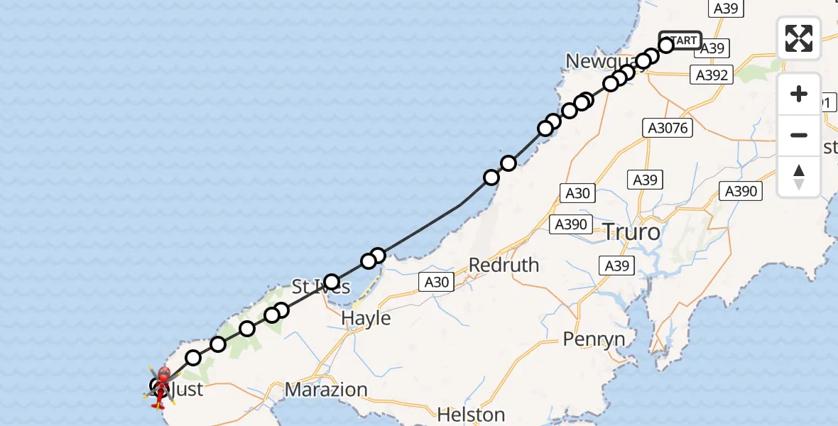 Flight route Air Ambulance Helicopter Cornwall Airport Newquay - St Just, 30 July 2026, 19:37