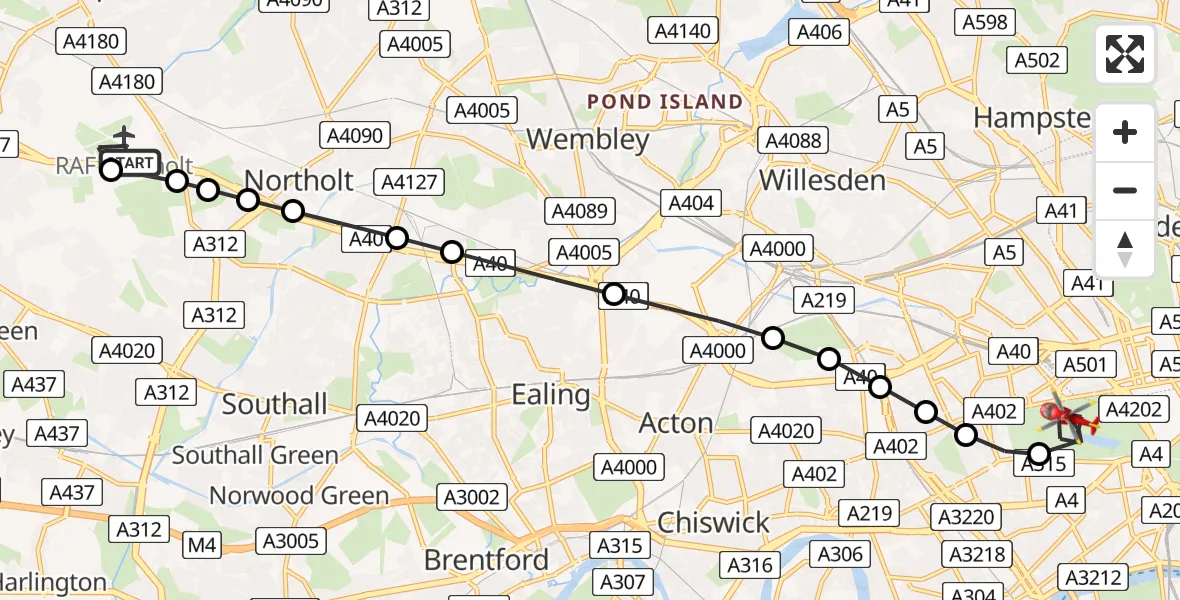 Flight route Air Ambulance Helicopter RAF Northolt - City of Westminster, 30 July 2026, 19:51