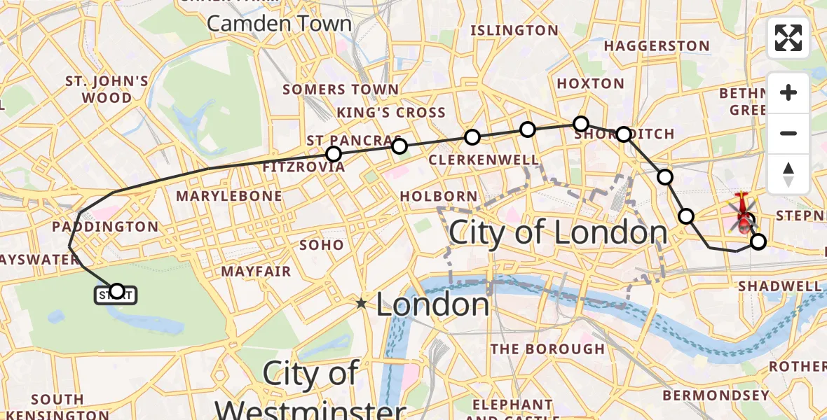 Flight route Air Ambulance Helicopter City of Westminster - Royal London Hospital, 30 July 2026, 20:07