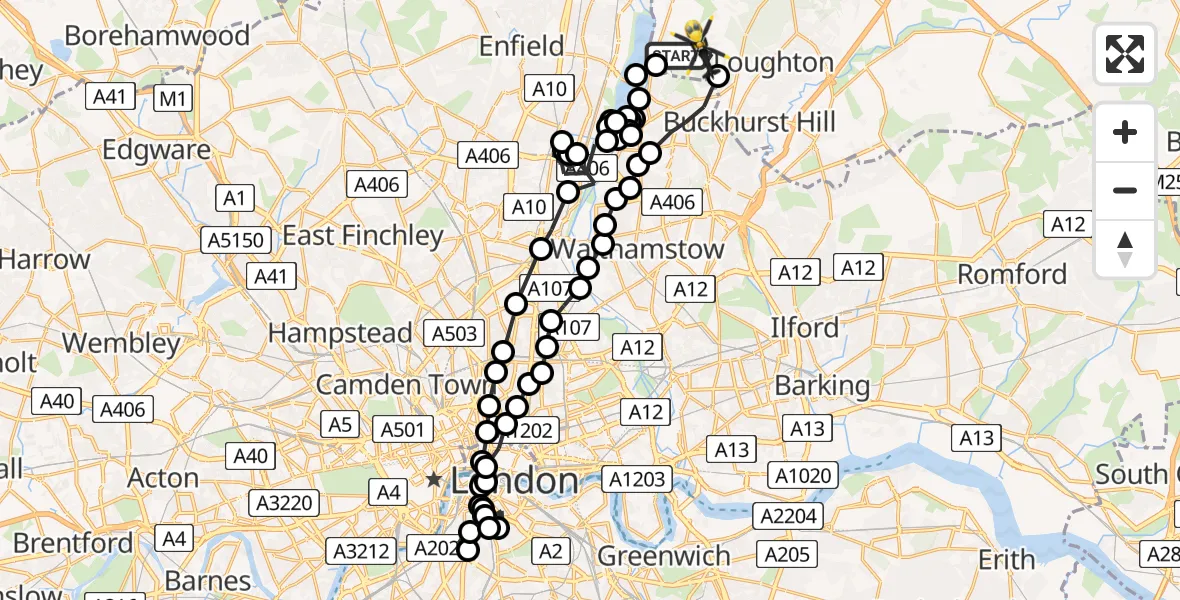 Flight route Police Helicopter Chingford - Sewardstonebury, 30 July 2026, 20:14