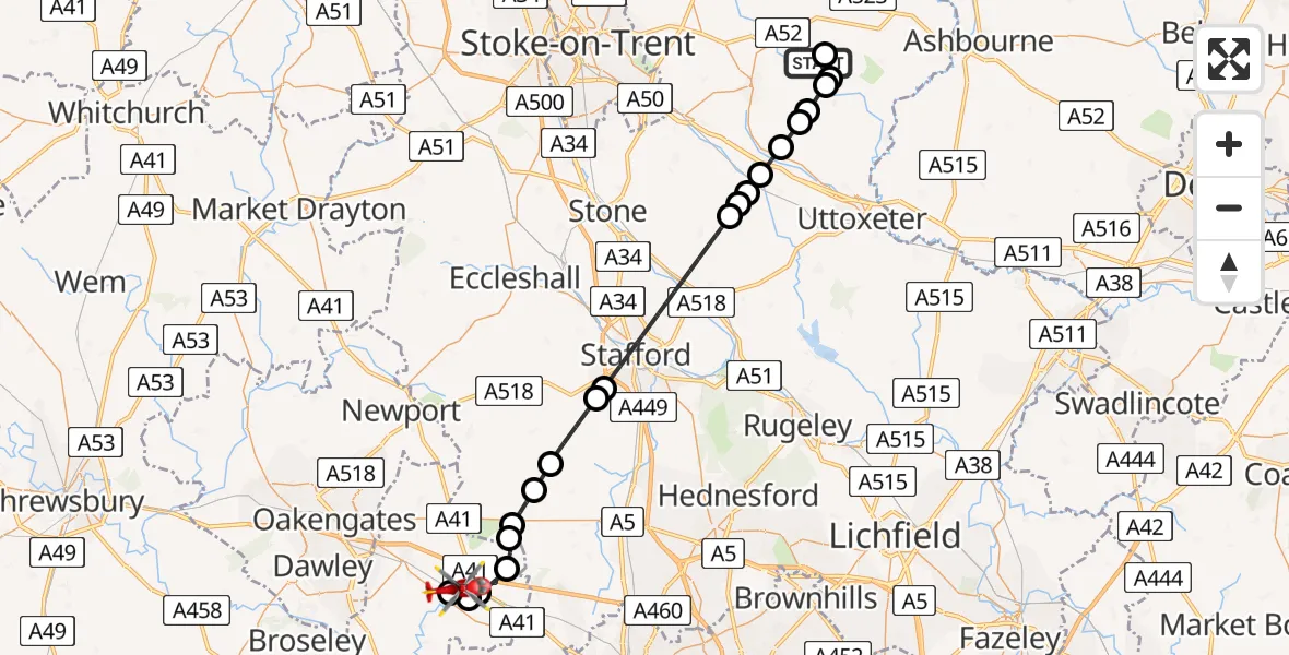 Flight route Air Ambulance Helicopter Oakamoor - Cosford, 30 July 2026, 20:16