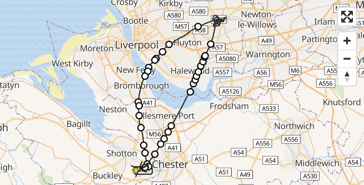 Flight route Police Helicopter Hawarden Airport - Broughton and Bretton, 30 July 2026, 20:32