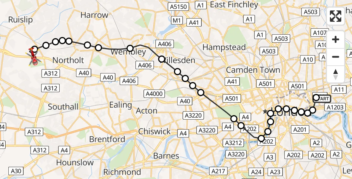 Flight route Air Ambulance Helicopter Royal London Hospital - RAF Northolt, 30 July 2026, 20:34