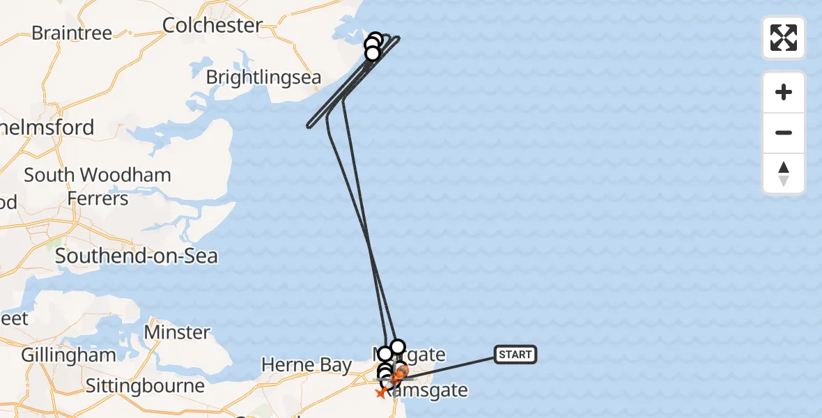 Flight route Coastguard Helicopter North Sea - Manston Airport, 30 July 2026, 20:37