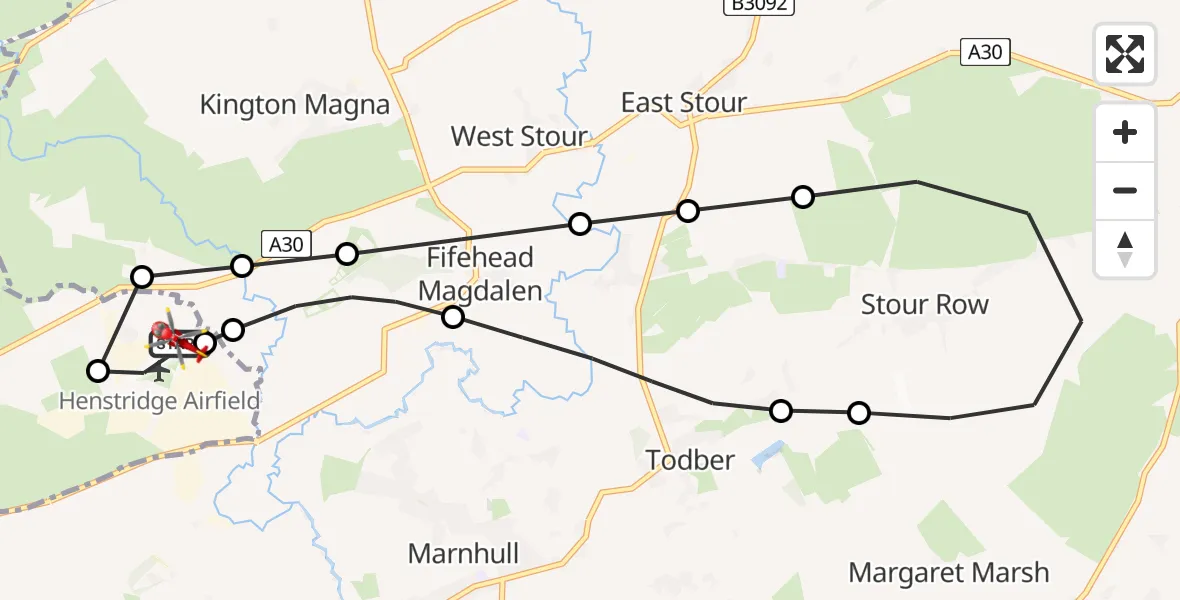 Flight route Air Ambulance Helicopter Henstridge Airfield - Henstridge Airfield, 30 July 2026, 20:38