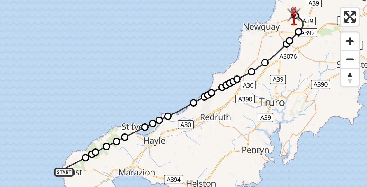 Flight route Air Ambulance Helicopter St Just - Cornwall Airport Newquay, 30 July 2026, 20:53