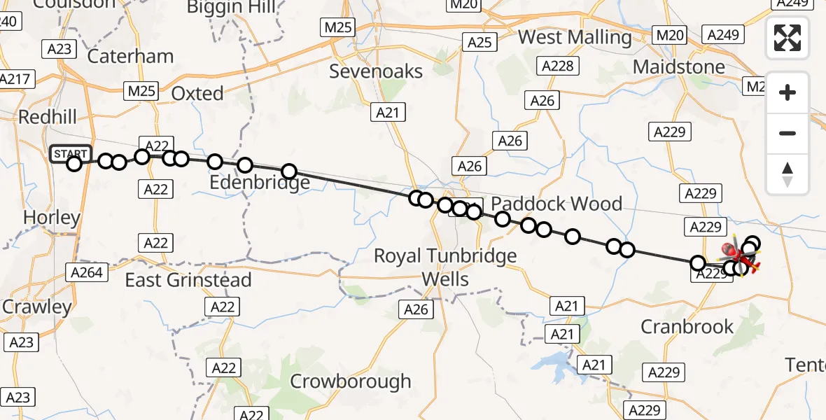 Flight route Air Ambulance Helicopter Redhill Aerodrome - Frittenden, 30 July 2026, 21:22