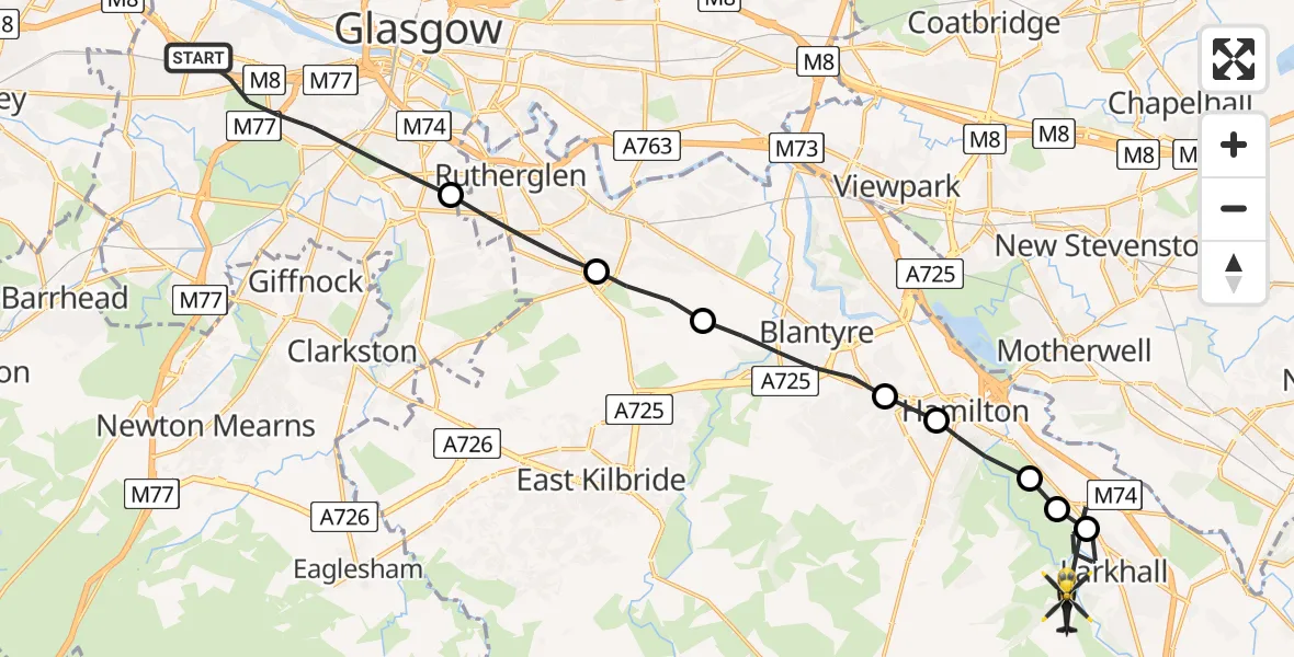 Flight route Police Helicopter Glasgow - Larkhall, 30 July 2026, 21:37