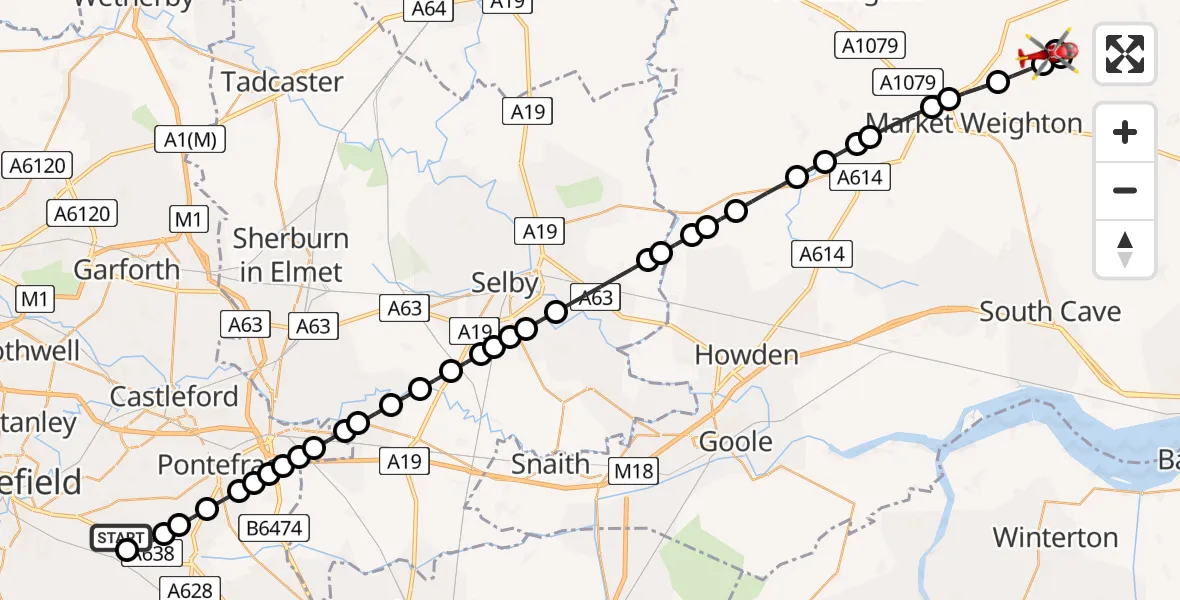 Flight route Air Ambulance Helicopter YAA Nostell Helicopter Port - Lund, 30 July 2026, 21:37