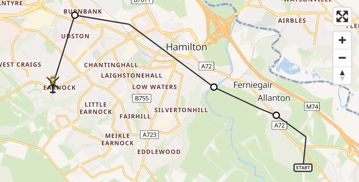 Flight route Police Helicopter Larkhall - Blantyre, 30 July 2026, 21:51