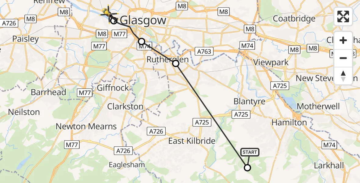 Flight route Police Helicopter Limekilnburn - Glasgow City Heliport, 30 July 2026, 21:55
