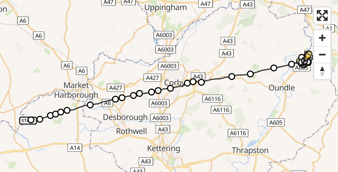 Flight route Police Helicopter Husbands Bosworth Airfield - Fotheringhay, 30 July 2026, 21:59