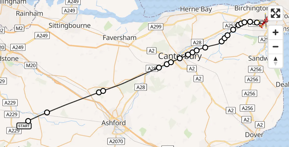 Flight route Air Ambulance Helicopter Frittenden - Manston Airport, 30 July 2026, 22:00