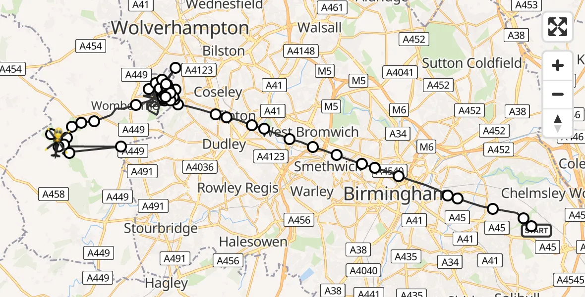 Flight route Police Helicopter Birmingham Airport - Bobbington, 30 July 2026, 22:08