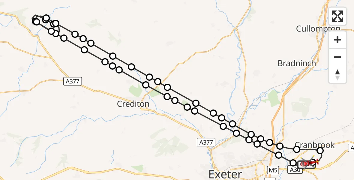 Flight route Air Ambulance Helicopter Exeter International Airport - Exeter International Airport, 30 July 2026, 22:12
