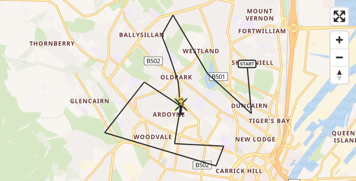 Flight route Police Helicopter Belfast City District - Belfast City District, 30 July 2026, 22:34